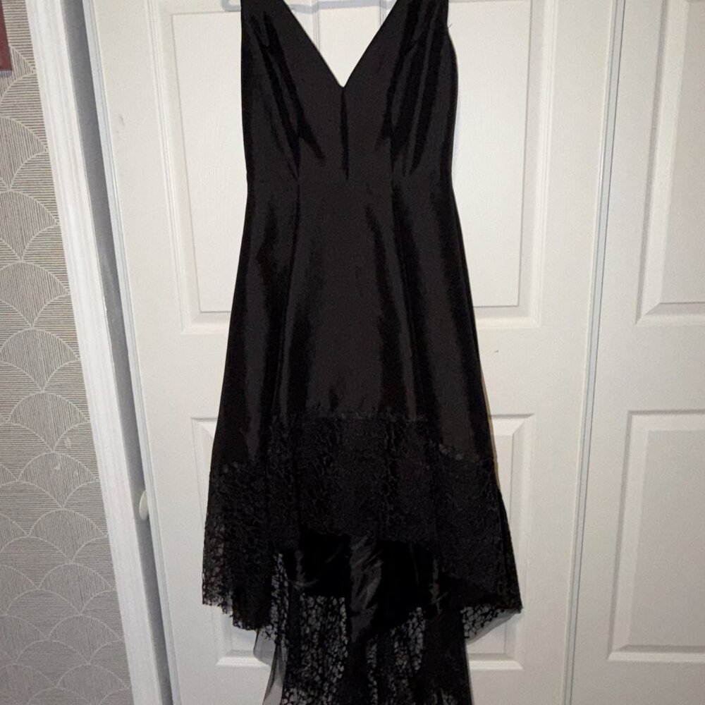 BETSY & ADAM Taffeta High-low Dress with Floral Lace Hem - Picture 7 of 13